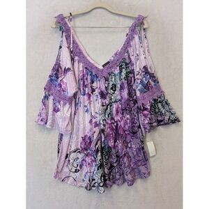 Simply Emma Women's Size 2X Cold Shoulder Top Plum Purple Floral Crochet Lace